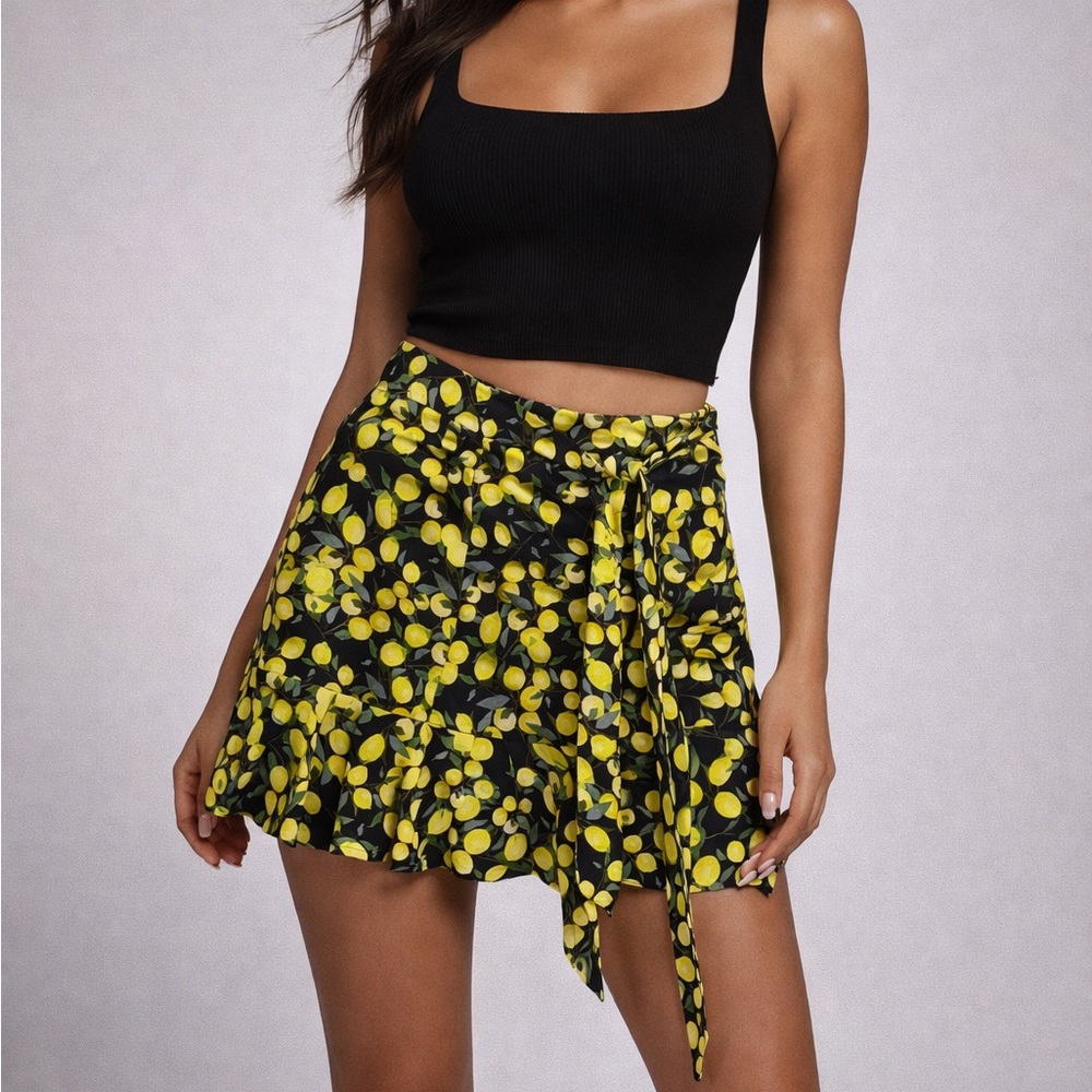 Parker Lemon Print Mini Skirt With A Tie Detail Size 2 Yellow Black Vacation